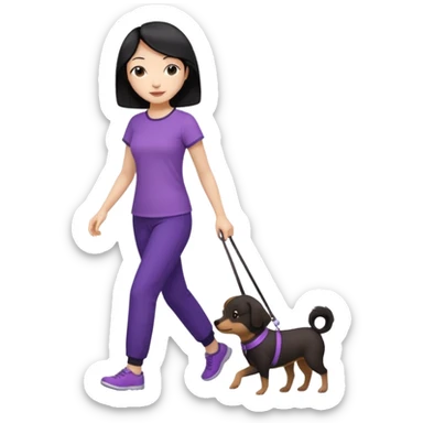 black hair Chinese woman wearing purple top and black pants walking a small brown dog sticker