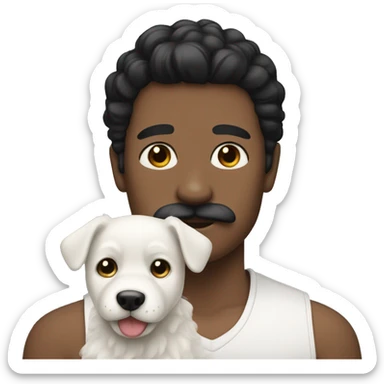 Black haired man with a mustache and a white puppy sticker