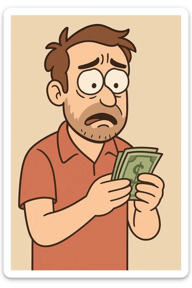 a worried man holding money, flat toon style sticker