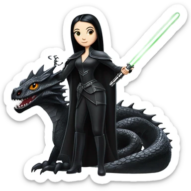  beautiful armored teen Morticia Addams Jedi riding on the back of a very large black shiny evil-looking dragon. to scale sticker