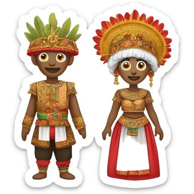 Create an emoji set for the traditional Indonesian ondel-ondel puppets. The male has a red face and fierce features, the female a white face and soft features. Both wear vibrant Betawi clothing and tall, crown-like headdresses with colorful decorations. sticker