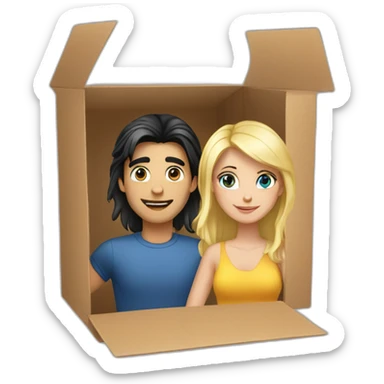 Girl with dark hair and blond blue eyes guy in box sticker