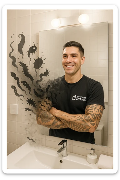 a man stands in a brightly lit bathroom, looking relieved and revitalized as he examines his reflection in the mirror. In the foreground, stylized, shadowy images of parasites (such as worms or protozoa) are shown leaving his body, dissolving into mist or fading away. His posture is upright and his expression is one of newfound energy and health. sticker