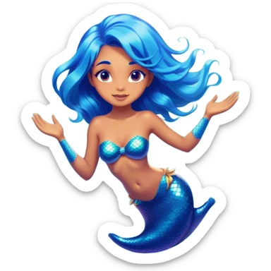 Cinematic Realistic Blue Hair Mermaid Portrait, head tilted playfully and inquisitively, showcasing a delicate, tropical form with finely detailed, flowing blue hair contrasting beautifully against her sun-kissed tanned skin. Her bright, curious eyes sparkle like sea gems under warm filtered light, rendered with lifelike clarity and soft underwater illumination—capturing the essence of a spirited mermaid poised to dance playfully amidst coral reefs. sticker