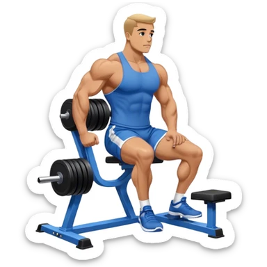 side-view bodybuilder in blue shorts seated weighted calf-raise machine on his tip toes sticker