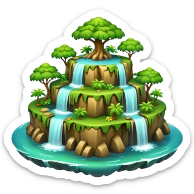 a 2d smooth not too dertailed cartoon floating island emoji with waterffalls of the sides sticker