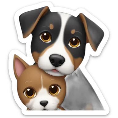 Black tabby cat hugging brown Jack Russell dog hugging sticker