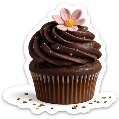 Change the icing to chocolate while keeping the realistic cupcake and accessories in a photorealistic style. Maintain transparent background. sticker
