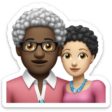 “black man with black afro and glasses and wearing a red shirt standing next to a white woman with blonde hair with blue eyes wearing a pink dress and a big diamond necklace” sticker