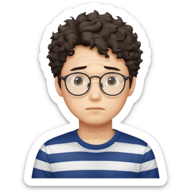  Korean male college student with a worried face , glasses with a bit curly hair, stripe t-shirt sticker