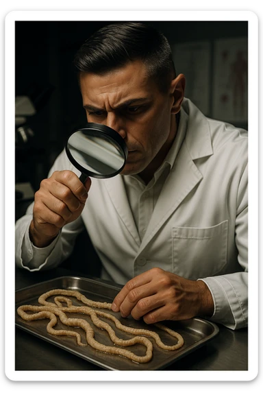 A middle-aged male kinesiologist wearing a pristine white lab coat, intensely analyzing long, beige tapeworms (like Taenia) under a magnifying glass. His expression is focused and slightly concerned, with dramatic studio lighting casting sharp shadows. The parasites are highly detailed, moist, and textured, stretched across a sterile metal tray. The background is blurred but suggests a clinical environment—hints of a microscope, medical charts, and clean lab equipment. The style is hyper-realistic, with a cinematic contrast between the bright white coat and the grotesque, organic forms of the parasites. No sci-fi elements, just raw medical realism with a disturbing edge sticker