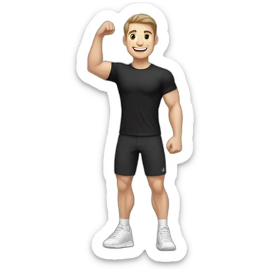 Joyful Celebrating victory Pale skinned Fit Man With the biceps and dark brown hair in black shirt, gray sports shorts and white Sneakers sticker