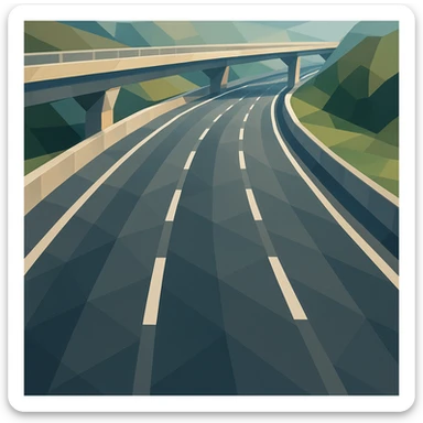 a modern expressway with multiple lanes, smooth asphalt, and clear lane markings, seen from above, low-poly polygonal illustration style sticker