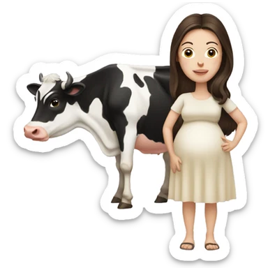 Brunette pregnant woman next to a cow sticker