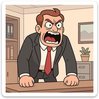 furious male boss, business attire, yelling, expressive face, office setting, cartoon style sticker