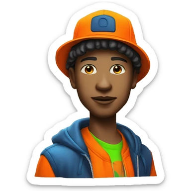 420 Young man Dave Lister wearing neon orange jacket and bucket hat 420 sticker