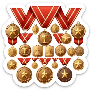 Icon for Collecting Orders, Medals & Badges: a variety of vintage orders, medals and badges, displayed neatly on a big red pennant or in a display case. The icon should reflect the honor and historical significance of these collectible items. Transparent background. sticker