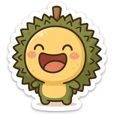 chibi style round durian character with green spiky shell and yellow flesh, laughing with eyes closed and mouth wide open, kawaii style, full-body sticker