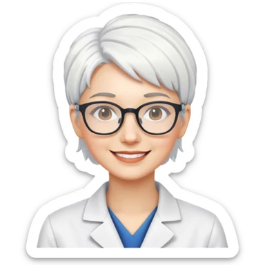 smiling woman scientist glasses indoors cropped pixie white hair  sticker