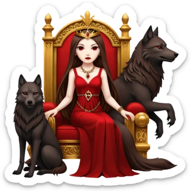Lilith symbol seductress evil brown straight long hair haired, sexy succubus woman with red and black Chanel dress sitting on a Black and gold throne. A large black wolf laying beside he sticker