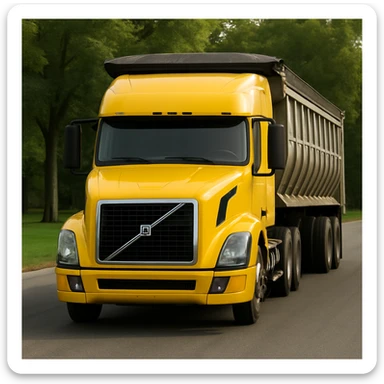 Make the yellow Volvo sleeper semi truck with a large end dump trailer facing the viewer as photorealistic as possible, with crisp details, realistic lighting, and a natural tree background. Maintain the photorealistic style and focus on realism and detail. sticker