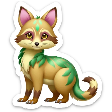 Colorful brown with rose pink, yellow-beige-cream, jade-green tropical exotic shiny beautiful fantasy-Vernid-Cacomistle-animal-Fakémon-hybrid-fursona (full body) sticker