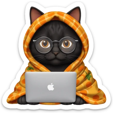 A black female cat working on a MacBook, with round frames and thin glasses, and she wears a blanket with an orange fruit pattern sticker