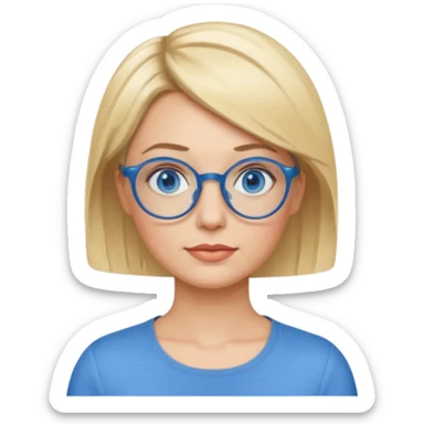 femme 40 ans cheveux très courts blond avec raie sur le coté, yeux bleu et lunettes rondes bleues sticker