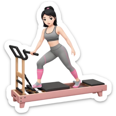 Create a Pilates emoji: a girl with fair skin and black hair, wearing a grey bra and grey leggings with pink pilates socks, exercising on a wooden reformer and not looking at the camera. Make the colors neutrals. sticker
