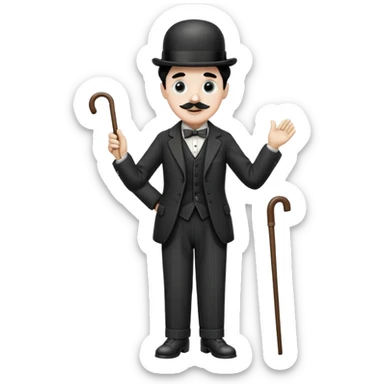 Charlie Chaplin with bowler hat, small mustache, suit, cane, and classic pose sticker