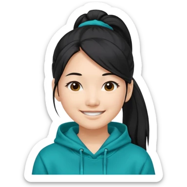 generate an asian female with long black hair in a ponytail and a teal hoodie sticker