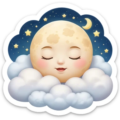 Cinematic adorable moon with a sleepy face, round and chubby, soft glowing light, tiny rosy cheeks, resting on a bed of fluffy clouds, dreamy and peaceful. sticker