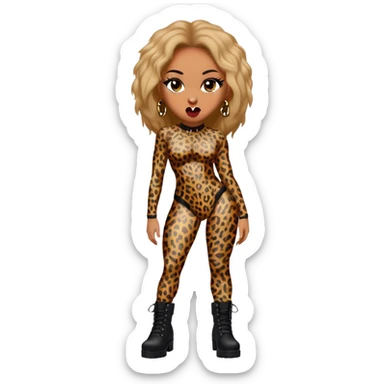 Melanie Brown wearing a tight leopard print bodysuit and black combat boots, showing her tongue ring sticker