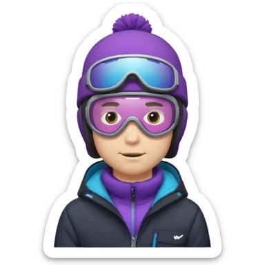 male Pro Snowboarder with white and grey beanie, ONE pair of purple and blue frameless goggles on and a black jacket sticker