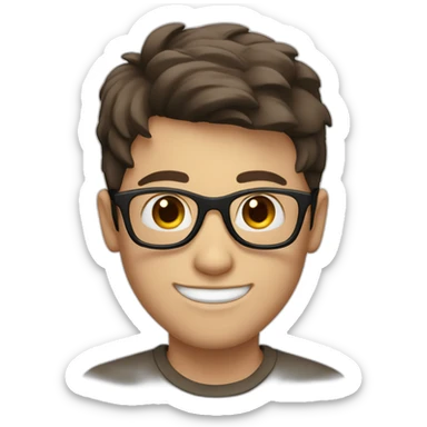 white boy with dark brown hair with circle brown glasses and a smile sticker