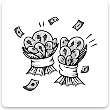 two bundles of cash, hand-drawn doodle style, loose bills, sketchy lines sticker