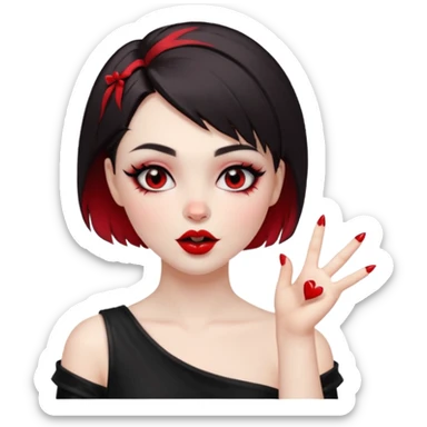 A girl with goth makeup and short hair( dark brown and bottom of hair red) winking and blowing kiss while raising one shoulder.  sticker