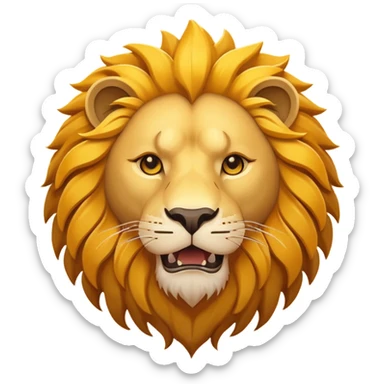 Roaring lion head icon, flat design, simple shapes, golden mane, sun behind, minimal details, solid colors, app icon style sticker