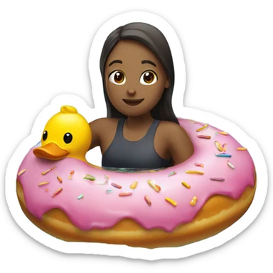 girl swimming with a donut and rubber duck sticker