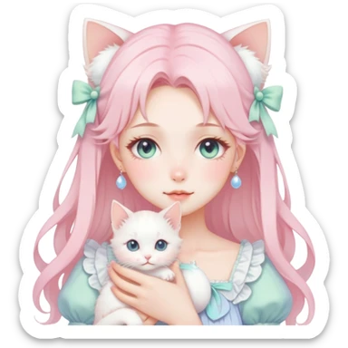  gorgeous-pastel-anime-style-lady-with-blushing-face-and-holding-a-white-kitten-cottagecore-fairycore-pastelcore-colorful-pearly-romantic-simplistic-aesthetic-trending-style sticker
