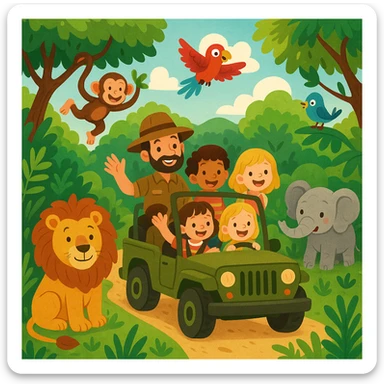 digital illustration of jungle safari in the style of children's story book sticker