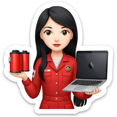 Gere um emoj estilo IOS de uma garota branca, de longos cabelos pretos vestida com um uniforme vermelho de mecanica,ela segura em uma das maos um filtro de oleo e na outra um mackbook sticker
