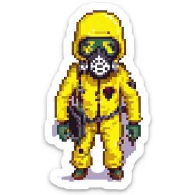 a zombie from the game DAYZ wearing a yellow hazmat suit with a black gasmask sticker