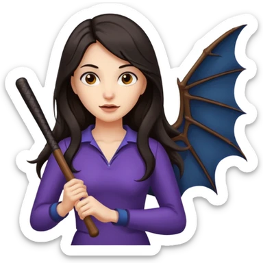 woman with long dark hair holding a flying bat sticker