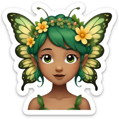 Cinematic Realistic Forest Nymph Fairy Portrait, head tilted dramatically with an exaggeratedly amused expression, featuring a striking, nature-infused form with glowing, sun-kissed tanned skin and vividly detailed dark green hair adorned with floral accents. Her expressive eyes brim with playful forest mischief, rendered with vibrant, lifelike textures and dynamic dappled lighting that conveys a spirited, over‐the‐top woodland whimsy showing her large butterfly wings from her back. sticker