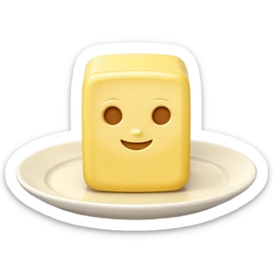A 3D cartoon yellow butter block on a white ceramic dish, soft lighting, Memoji-style realism. sticker