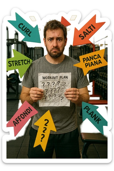 a person stands in the center of a gym, surrounded by arrows pointing in all directions, each labeled with a different exercise (e.g., “squat,” “Salti,” “stretch,” “Panca Piana”). The person looks bewildered, holding a workout plan with scribbles and question marks. The scene is colorful but visually messy, symbolizing confusion. in italiano immagine iperrealistica sticker