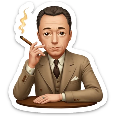Albert Camus with a small cigar between his fingers, and with his both arms folded together loosely on the table. He looks chic, intellectual, philosophical, yet not so serious, thus so having fatal charm and attractive. His posture looks relaxed.  sticker