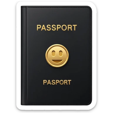 Minimal emoji icon of a black passport, matte cover, simple gold emblem, clean lighting sticker
