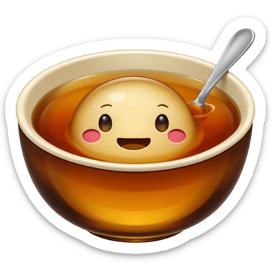 bowl of consommé, transparent brown liquid, no face, no smile, no expression, only food, emoji style sticker